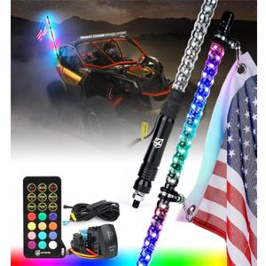 Xprite 3FT Spiral RGB LED Whip Lights, 360 Dream-Color Dancing Chase Whip Lights w/Remote Control and Flag for Side by Side Jeep Offroad UTV ATV Trucks SXS Polaris RZR XP 1000 Can-am Maverick X3 1PC