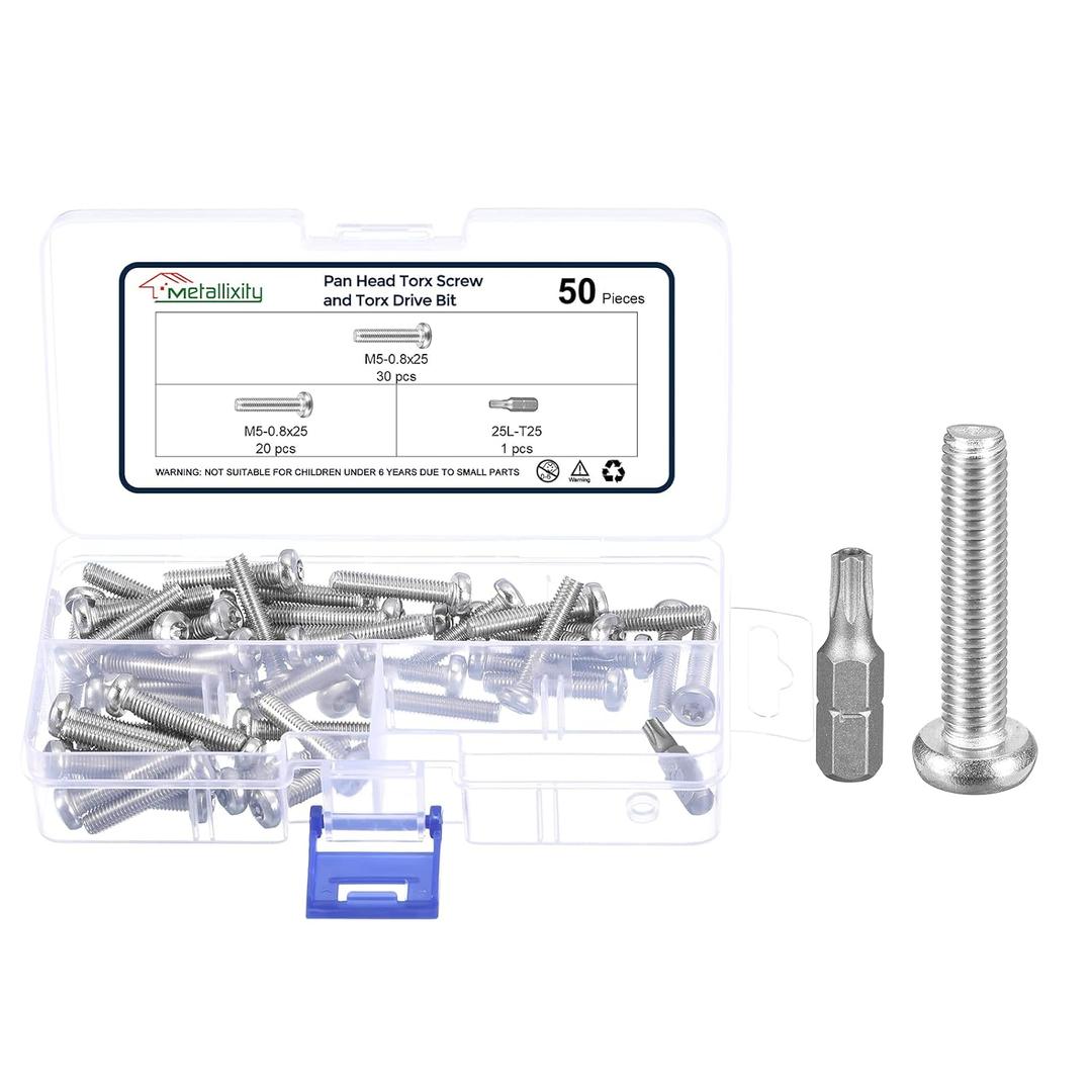 2 x METALLIXITY Pan Head Torx Security Screw Bolts (M5-0.8x25mm) 50pcs, Button Torx Head Machine Screw 304 Stainless Steel with One Bit - for Furniture Woodworking Project, Silver Tone