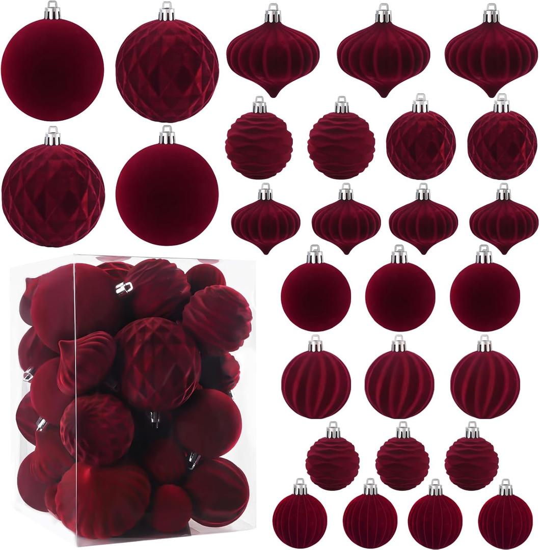 28PCS Velvet Christmas Balls Ornaments, Flocked Shatterproof Burgundy Xmas Tree Hanging Decoration Plastic Ball Set Bulk Ornament for Winter Trees Holiday Party Home Wreath Decor