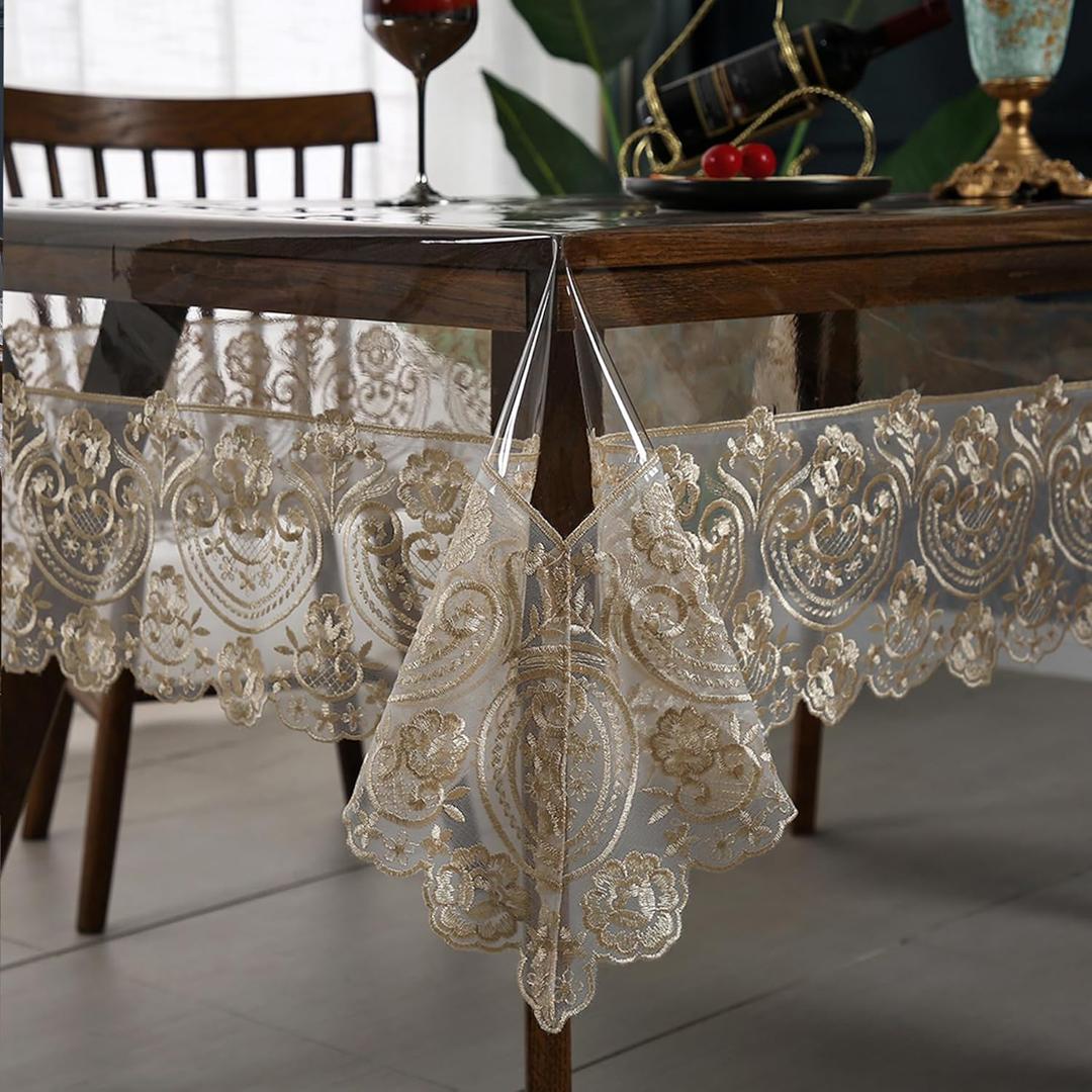 Clear Vinyl Tablecloth Protector Transparent PVC Lace Border Plastic Waterproof Oil-Proof Rectangle Table Cover for Kitchen Home Dining Holiday Decoration (Beige, 60 x 104 Inch)