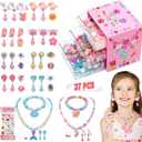 Toys for Girls Jewelry,37PCS Princess Toddler Girl Toys Age 6-8 for Pretend Play & Dress Up, Adjustable Ring Clip on Earrings Kids Toy for 3 4 5 6 7 8 9 Year Old Girls Christmas Birthday Gifts Ideas (Pink)