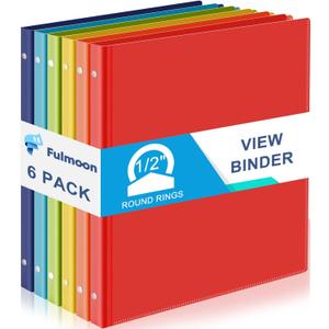 Fulmoon 6 Pack Plastic 3 Ring Binder Assorted Colors Economy Flexible Round Ring Presentation Binders with Pocket for Office School Meeting(0.5 Inch,Rainbow Colors) (Bright)