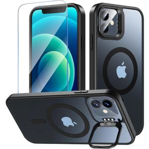 Fin2feel Magnetic for iPhone 12/iPhone 12 Pro Case with Screen Protector, Compatible with MagSafe, Built-in Stash Stand Phone Case Anti-scratch Shockproof Cover for iPhone 12/12 Pro(Translucent Black)