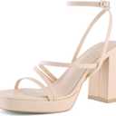 Shoe'N Tale Platform Heels for Women Strappy Block Chunky Heels Square Toe Ankle Buckle Sandals (9, Light Nude)