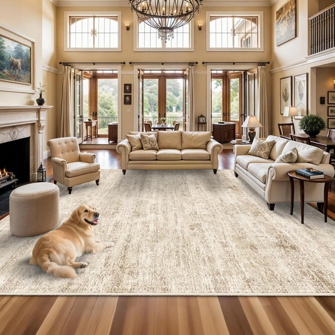 TOPRUUG Washable 12x15 Area Rug - Extra Large Rugs for Living Room Soft Low Pile Carpet for Bedroom Non-Slip Stain Resistant Vintage Indoor Floor Carpets (Beige Brown, 12x15)