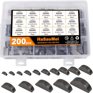 200pcs Metric Woodruff Key Assortment Kit - 15 Popular Sizes - Semicircle & Half Moon Keys