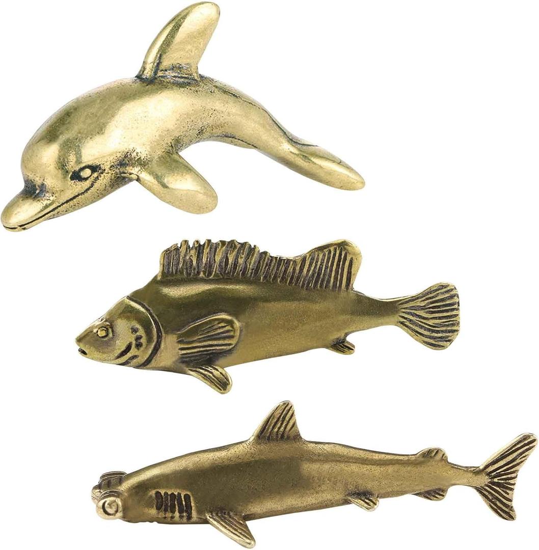 SnowOwl Small Brass Sculpture Solid Metal Statue Ornament Mini Animal Insects Figurine for Home Office Garden Desktop Decor 3PCFish (Gold-8)