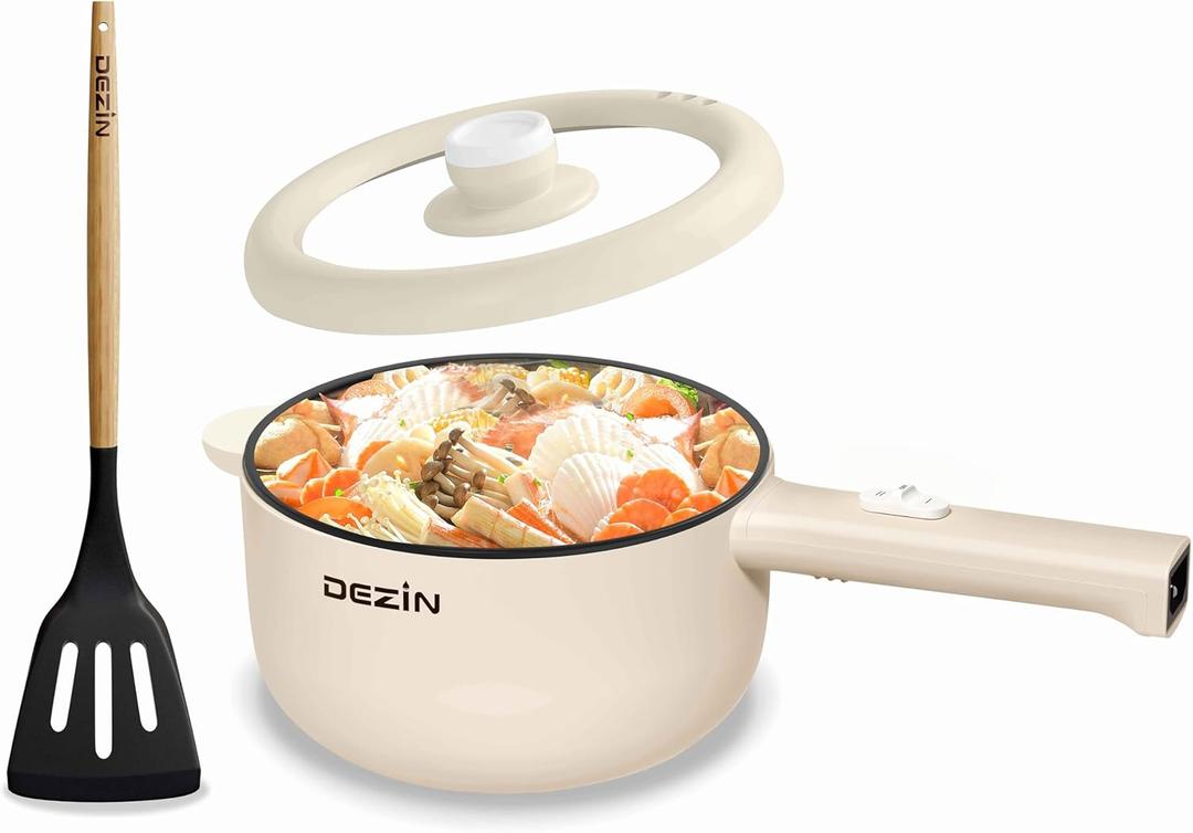 Dezin Hot Pot Electric, 2L Non-Stick Saut Pan, Rapid Noodles Cooker, Mini Portable Pot for Steak, Egg, Fried Rice, Ramen, Oatmeal, Soup with Power Adjustment & Spatula, College Dorm Room Essential (Beige)