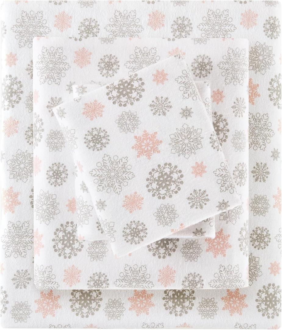 True North by Sleep Philosophy Cozy Flannel Warm 100% Cotton Sheet - Novelty Print Animals Stars Cute Ultra Soft Cold Weather Bedding Set, Twin XL, Pink/Grey Snowflakes 3 Piece