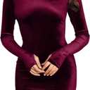 Mizoci Women's Sexy Bodycon Long Sleeve Elegant Velvet Mock Neck Mini Club Party Dress (Large, Wine Red)