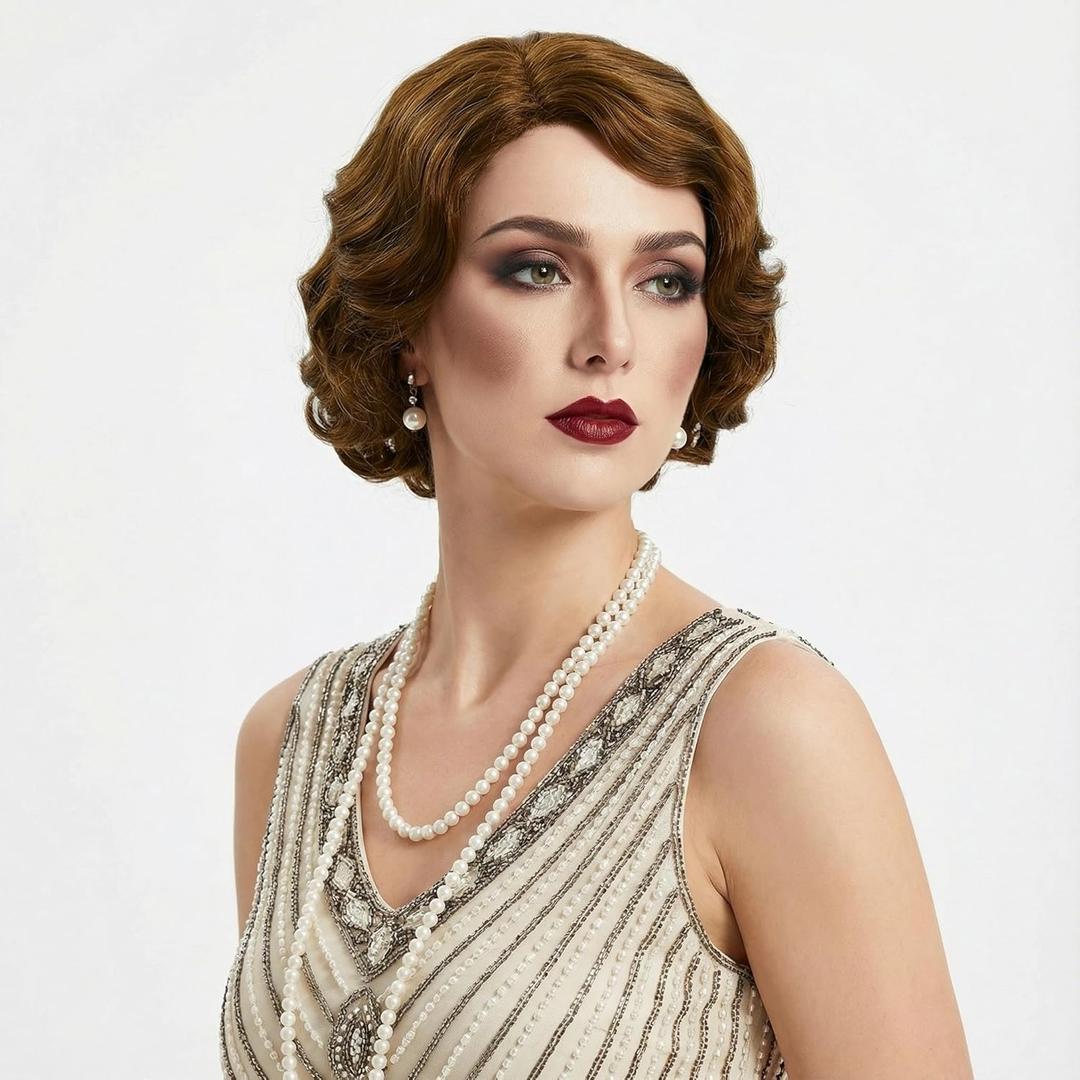 H&Bwig Short Ash Brown 20s Wigs for Women Natural Finger Wave Synthetic Hair Wig for Women Lady Ladies Cosplay Anime Party Costume Anime Flapper Wig