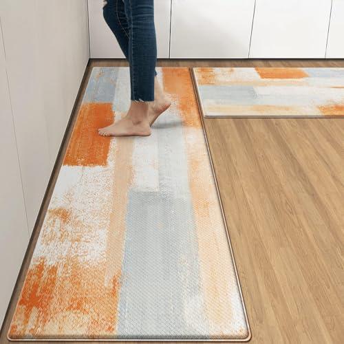 Arttown Orange Beige Vintage Anti-Fatigue Kitchen Rug Set of 2 Orange Grey Abstract Cushioned Floor Mat, Standing Waterproof Non-Slip Kitchen Mat PVC Ergonomic Comfort Foam Rug
