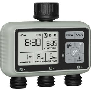3 Zone Sprinkler Timer, Garden Hose Timer, Automatic Irrigation System, Programmable Faucet, 3 Outlets, with Rain Delay, Manual Mode,Child Lock, for Yard, Garden, Lawn Greenish Gray D13WT06