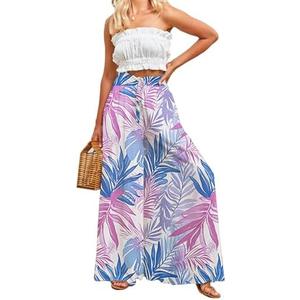 YOCUR Women Summer Beach Vacation Pants High Waisted Wide Leg Pants Printed Loose Flowy Casual Palazzo Lounge Trousers, XL