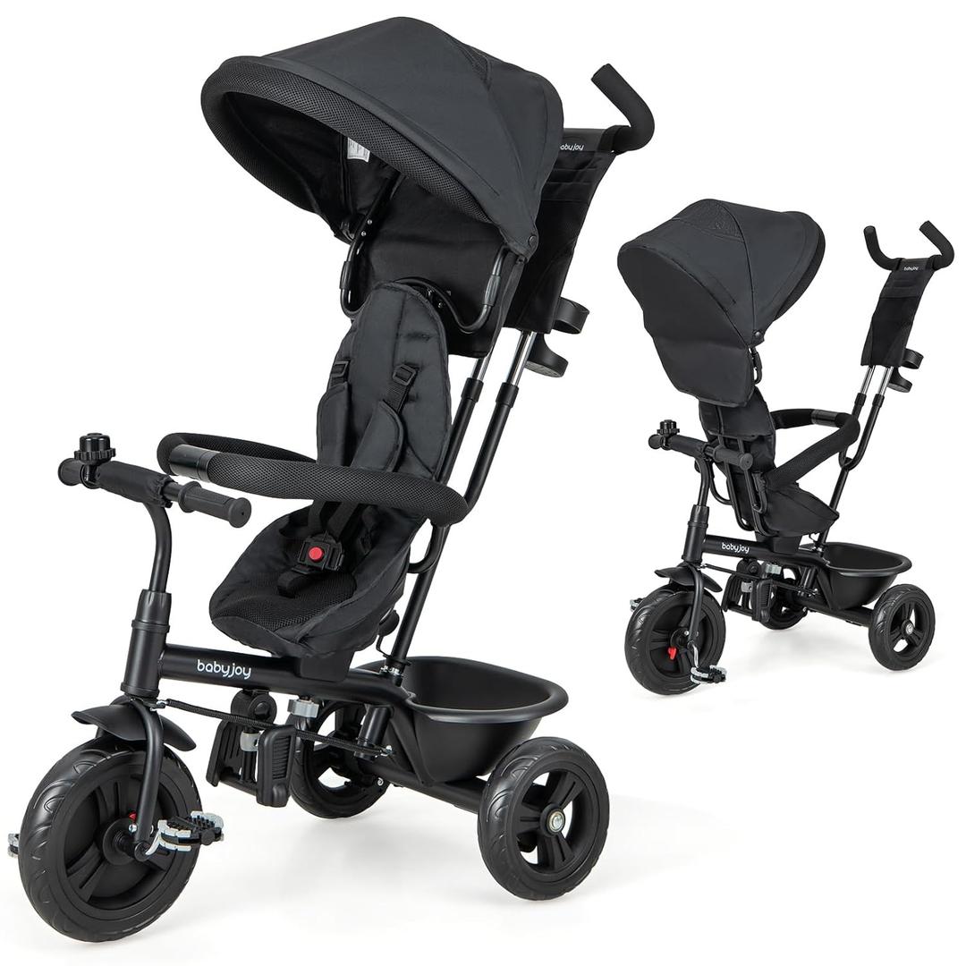 BABY JOY Tricycle, 4 in 1 Toddler Bike w/Removable Canopy, Adjustable Push Handle, Reversible Seat, Safety Belt, Folding Footrest & Storage Basket, Toddler Tricycle for Boys Girls 9-60 Months (Black)