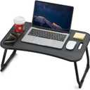 Laptop Bed Desk, Foldable Lap Table, Portable Study Table, Laptop Stand with Cup Holder & Tablet Slot & Lifting Handle for Working Writing Drawing & Eating - Dark Black