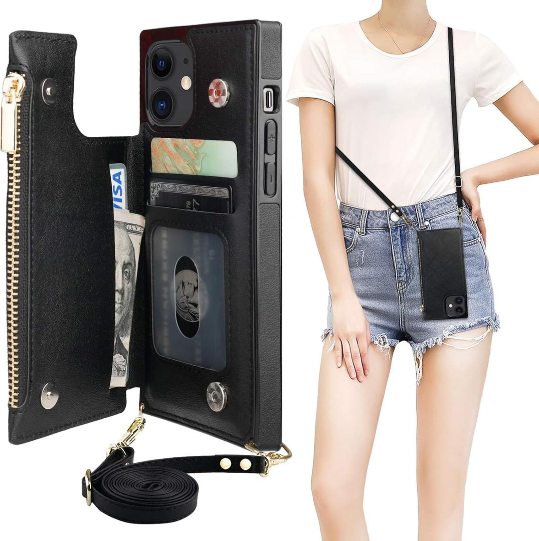 Bocasal Crossbody Wallet Case for iPhone 12/12 Pro with Card Holder,Zipper Card Slot Protector Shockproof Purse Cover with Removable Cross Body Strap 6.1 Inch(Black)