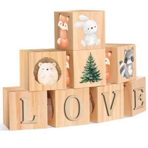 Custom Woodland Animals Wooden Name Sign, 8 Animals Block with 78 Letter Nursery Name Cubes for Nursery Shower Baby Shower Alphabet Wood Signs