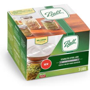 Ball Reusable Mason Jar Lids, Stainless Steel Storage Lids with Silicone Gaskets for an Airtight Seal, Regular Mouth, One Pack of 3, Silver