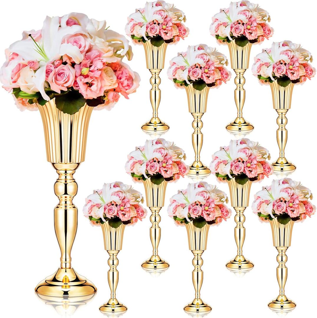 Weysat 10 Pcs Tall Vases for Centerpieces, 15 Inch Trumpet Vases Bulk Metal Gold Flower Arrangements for Party Dinner Event Wedding Floral Tabletop Birthday Decorations Reception Anniversary