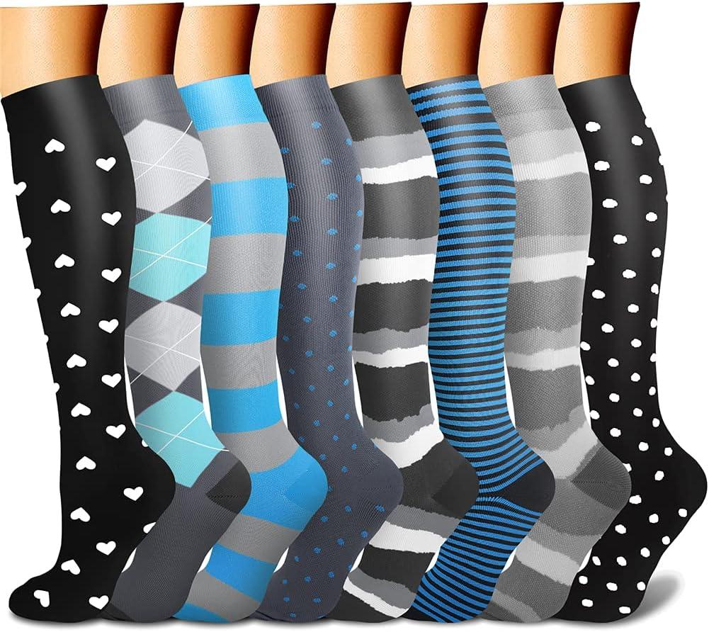 CHARMKING Compression Socks for Women & Men Circulation (8 Pairs) 15-20 mmHg is Best Support for Athletic Running,Cycling (Large-X-Large, 25 Black/Black/Black/Blue/Blue)