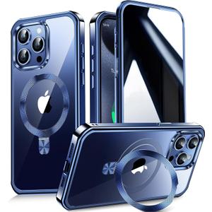 [CD Metal Ring Stand + Built-in Privacy Screen Protector] Magnetic Case for iPhone 15 Pro 6.1"[Soft Bumper Full Signal] [Compatible with MagSafe] 9H Glass Full Body Shockproof Clear Case,Blue Titanium