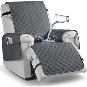 TAOCOCO 100% Waterproof Recliner Chair Covers, Reversible Recliner Covers with Leg Straps, Washable Recliner Sofa Covers for Reclining Chair Furniture Dog Protector with Pocket (Dark Gray, 23.6'')