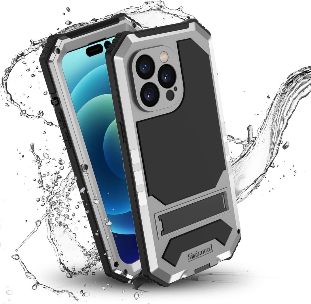 Compatible with iPhone 14 Pro Max IP68 Waterproof Case Military Metal Stand Case with Screen Protector Slim Full Cover Rugged Durable Shockproof Dustproof Anti-Scratch Sturdy Durable (Sliver)