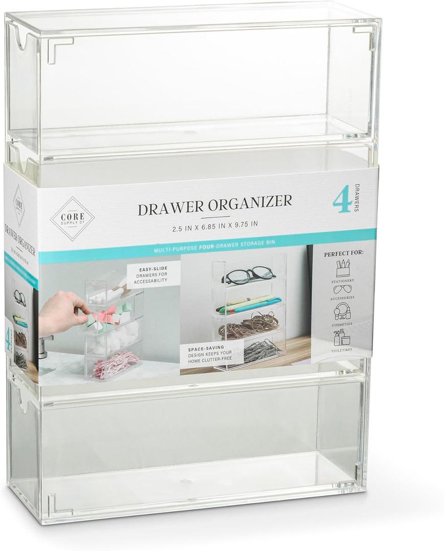 CORE HOME Multi-Purpose Easy Slide Four Drawer Storage Bin Tabletop Organizer 6.75 x 9.75 Inch Acrylic Clear