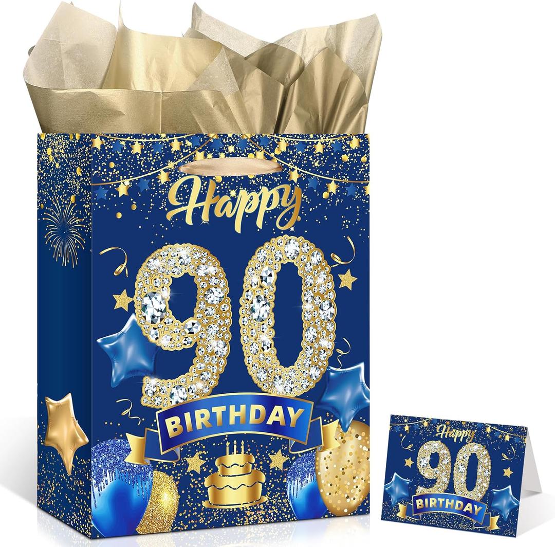 Blue 90th Birthday Gift Bag, Large Navy Blue Gold Happy 90th Birthday Gift Bag with Greeting Card and Tissue Paper for Men Women Blue 90 Anniversary Birthday Party Favors Goodie Wrapping Bag Supplies (90th Blue Gold Birthday)
