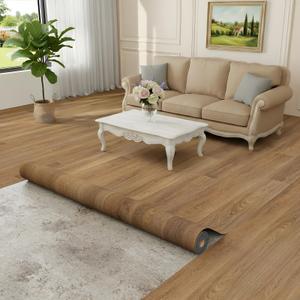Homease 0.5mm Nature Oak Vinyl Flooring Roll 39.4" x 393.7" PET Leather-Like Waterproof Wear-Resistant Peel & Stick, Easy DIY Floor Covering for Kitchen Bathroom Rental Home, Durable