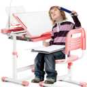 Rengue Kids Desk and Chair Set, Height Adjustable Children School Functional Study Desk with 55 Tiltable Desktop, 3 Modes & Brightness LED Light, Storage Drawer & Metal Hook for Boys Girls (Pink)