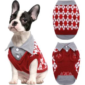 Kuoser Dog Sweater Plaid Dog Sweaters with Harness Hole, Polo Design Puppy Knitwear Fall Winter Sweater for Extra Small Dogs, Pet Cold Weather Clothes Warm Doggie Pullover Sweatshirt, Red XS