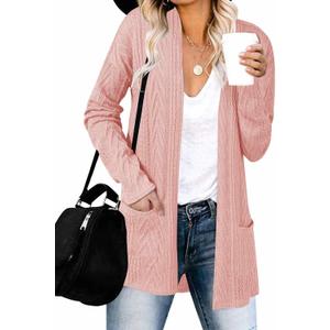 MEROKEETY Women's Casual Long Sleeve Open Front Cable Knit Cardigans Lightweight Solid Color with Pockets (Large, Pink)