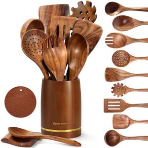 Spardar Wooden Kitchen Utensils, 12 Piece Set Wooden Spoon Set with 9 Teak Wood Cooking Spoons, Spoon Rest, Pot Holde, 3.3 Inch Utensil Holder, as Kitchen Decoration and Housewarming Gift