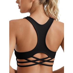 Aoysky Womens Racerback Criss Cross Sports Bras V Neck Padded Low Impact Wireless Workout Athletic Yoga Crop Tops, Black, M