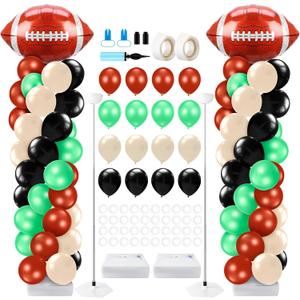 Kasyat 2 Sets Football Party Balloon Column Stand Kit with 2 Football Foil Balloons 100 Latex Balloons, Adjustable Balloon Stands for Game Sports Birthday Party Themed Decorations (Brown)