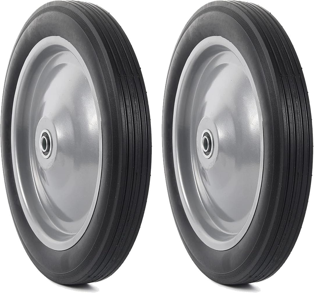 AR-PRO 12 x 1.75 Flat Free Solid Rubber Wheel Assemblies (2-Pack) - With Ball Bearings and 1/2 Bore Hole Diameter, 2.24" Centered Hub - Heavy-Duty Solid Rubber Wheels 176 lbs Load Capacity