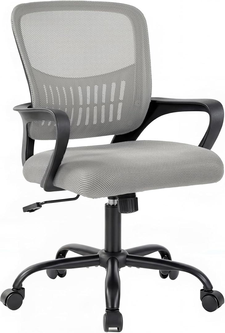 DUMOS Home Office Chair - Ergonomic Mid Back Mesh Desk Chair with Lumbar Support & Rocking Mode, Height Adjustable, Fixed Armrest, for Conference, Computer, 360 Swivel, Adults, Grey, 21.7''D x 21.7''W*38.2''H