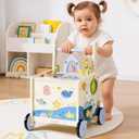 ROBUD Wooden Baby Push Walker, Marine Theme Learning Walking Toys, Adjustable Height Baby Walker with Decelerator, Montessori Toys for Baby Age 10 Months+, WRP23, L14.6 X W15.4 X H19.7 Inches