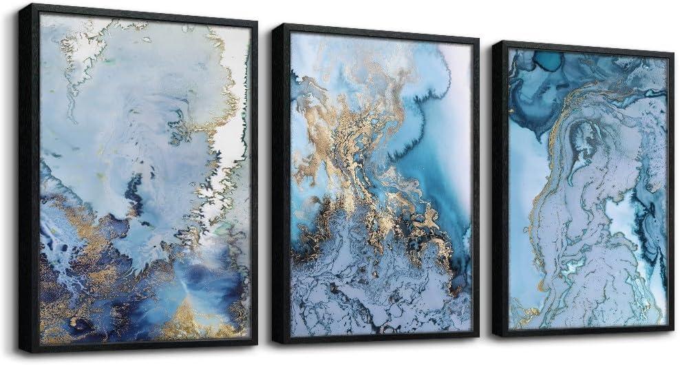 Black Framed Wall Art For Living Room Large Wall Decor For Office Bedroom Wall Decorations Minimalist Abstract Paintings blue Watercolor Wall Pictures Artwork Home Decor 3 Piece Framed Prints Art, 20x28inches*3pcs