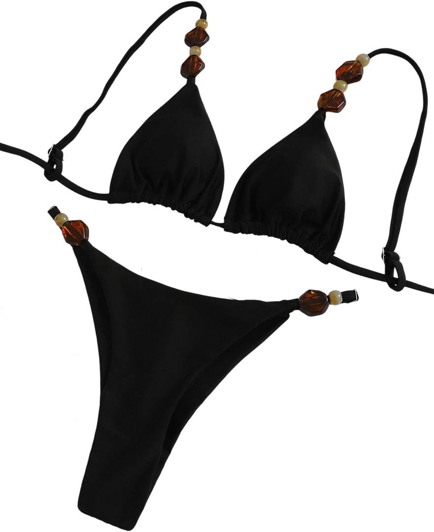 Women's Triangle Bikini Set Sexy String Swimsuit with Beaded Straps Two Piece Swimwear for Beach Vacation (Black, M)
