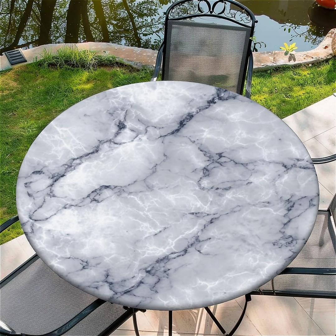 Round Fitted Tablecloth with Elastic Edge Design Table Cover Waterproof Stain-Resistant Wipeable Table Cloth Best for 54"-58" Round Tables for Outdoor Indoor Marble