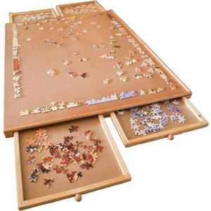 Bits and Pieces Jigsaw Puzzle Board with Drawers, Puzzle Board 1000 Pieces, 22 Inch x 30 Inch Wooden Tray Table with 4 Organizing Piece Sorting Trays, Portable, Easy Storage for Puzzles