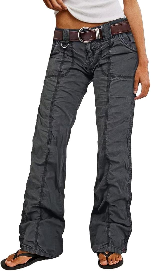 Flamingals Straight Leg Pants for Women Mid Rise Casual Cargo Solid Patch Pockets Stitch Detail Pants (Large, Dark Gray)