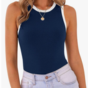 MISSJOY Women's Basic Sleeveless Racer Back Halter Neck Ribbed Bodysuit Tank Tops, Medium, Navy Blue 