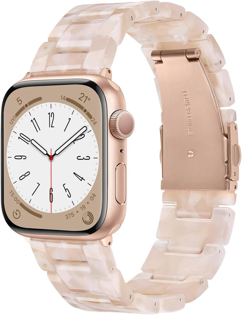 V-MORO Lightweight Resin Bands Compatible with Apple Watch Series 10/9/8/7 Band Rose Gold Stainless Steel Buckle Fashion Cute Strap for iwatch Series SE/6/5/4/3/2/1(Pink Tan,38mm/40mm/41mm/42mm)