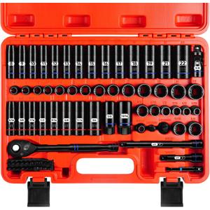 ZHAX 3/8 Inch Drive 12 Point Impact Socket Set, 74 PCS Standard SAE(5/16"- 3/4") & Metric(8-22mm) With Color Ring, Deep & Shallow, 72T Wrench Ratchet Tool Kit,Cr-V With Heavy Duty Storage Case