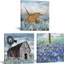 Conipit Texas Farm Canvas Wall Art Farmhouse Landscape Paintings Windmills Bluebonnets Pictures Art Wall Decor Framed for Living Room Home Decor 12"x12"x3Pcs