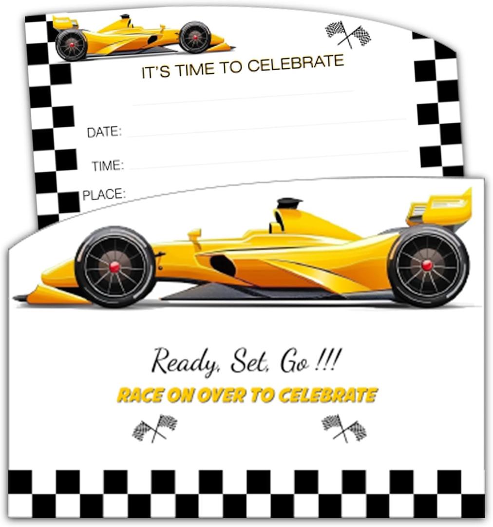 Race Car Birthday Party Invitation for Boys, Yellow Racing Car, 30 Cards With 30 Envelopes, 5x7 Inches.